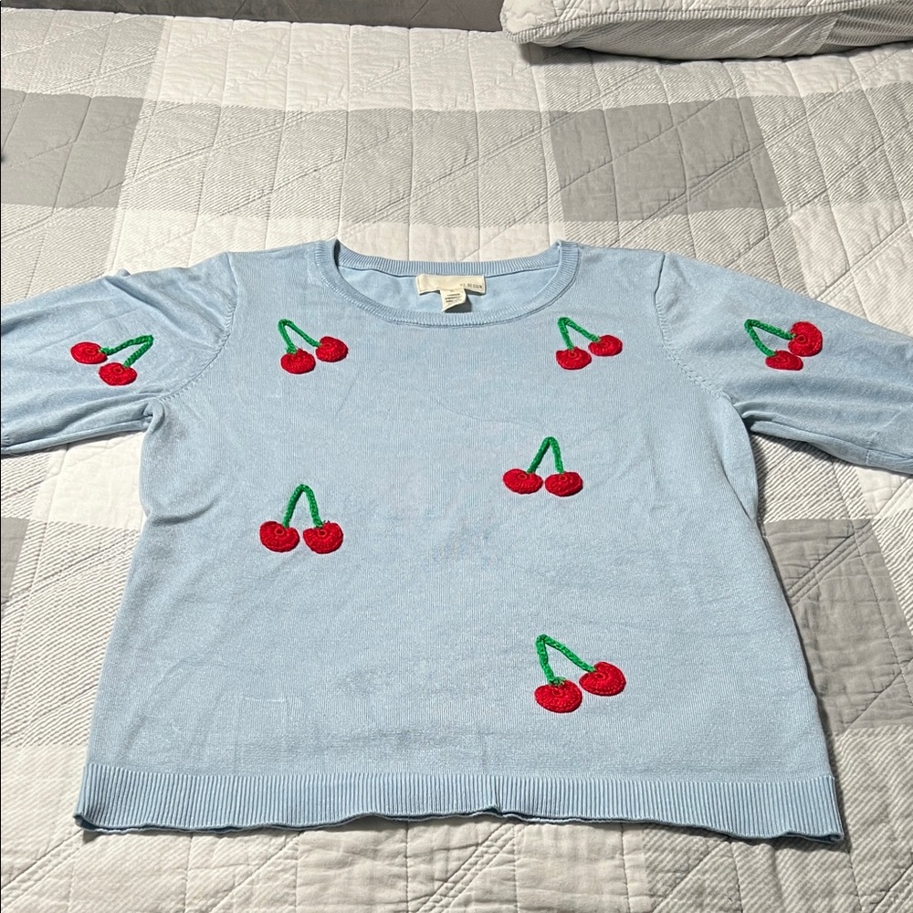 Cherry Embroidered Women's Blue Sweater